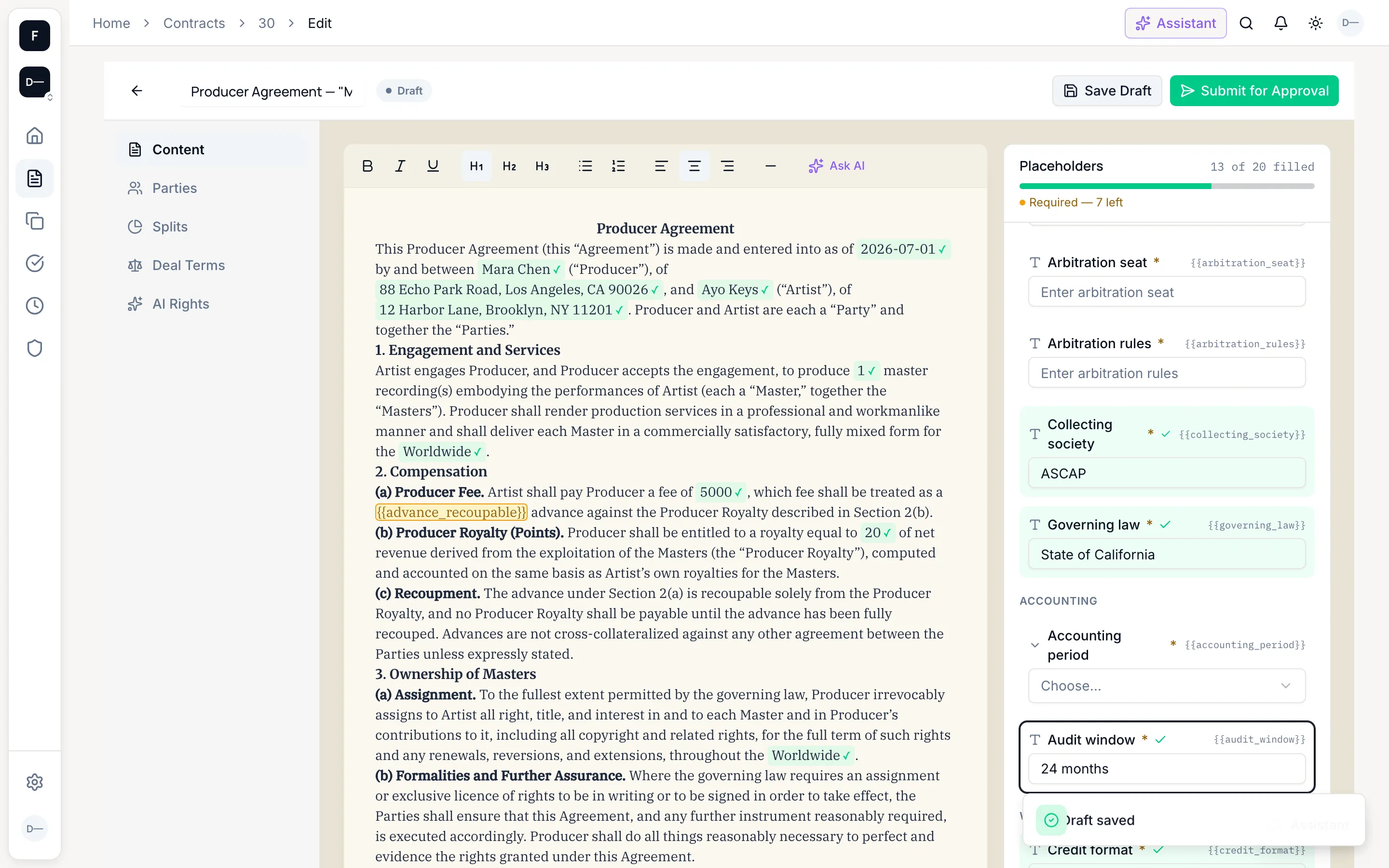 The FlowRights contract editor with a producer agreement on cream paper and the placeholder fill panel tracking 13 of 20 values