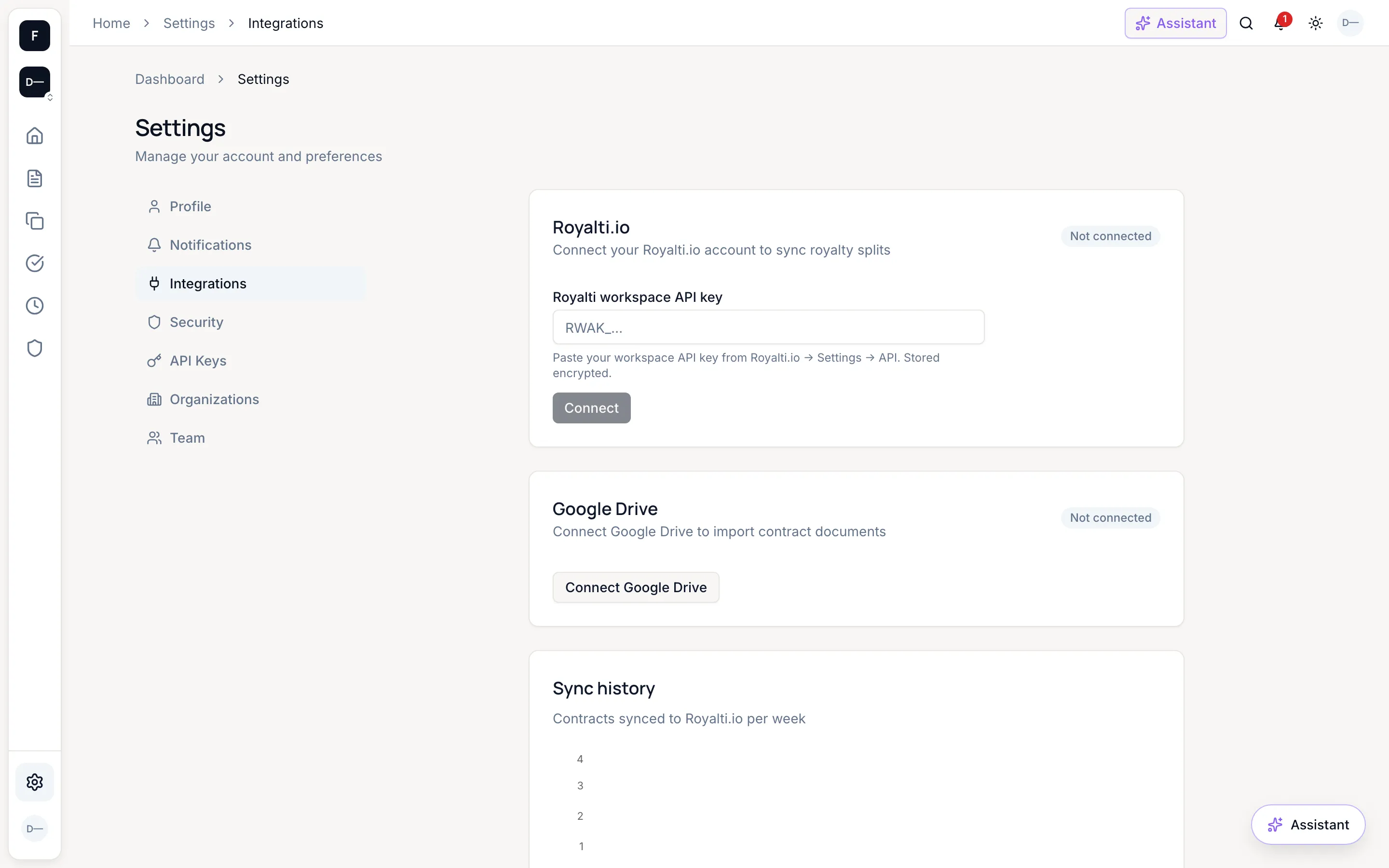 Settings → Integrations showing the Royalti.io connection card with the workspace API key field, Google Drive connection, and sync history
